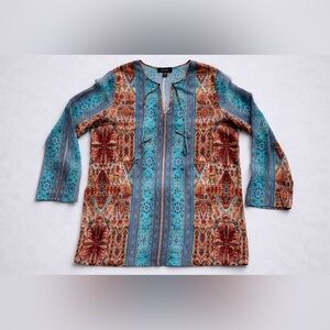 Karen Kane Sheer Teal and Rust Patterned Tunic XL